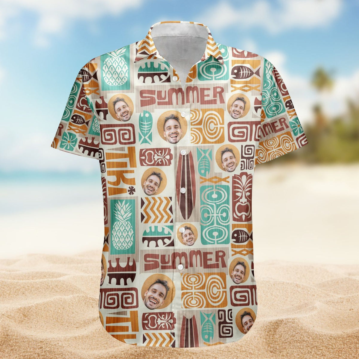 Custom Face with Exotic Tiki Pattern – Custom Photo Hawaiian Shirts