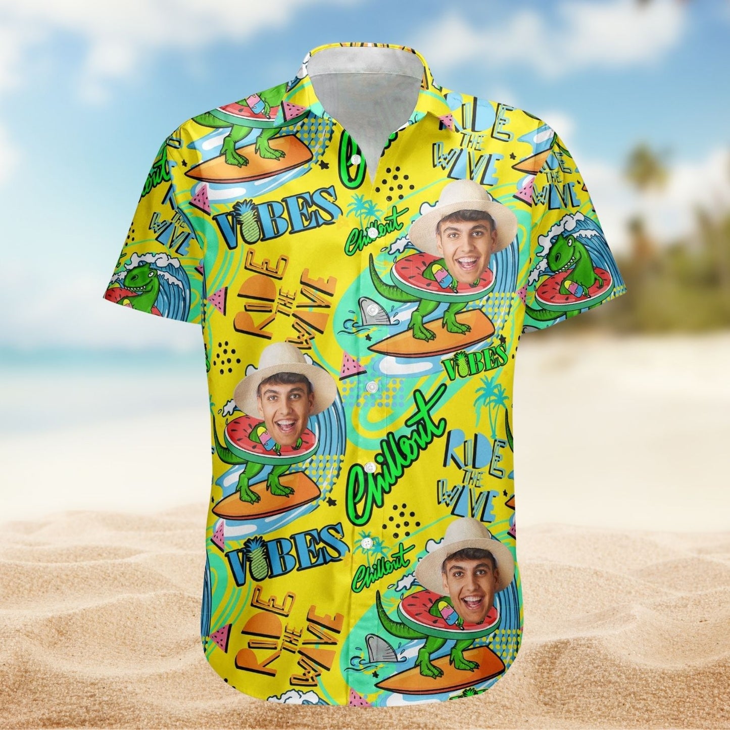 Personalized Photo Hawaiian Shirt – Cool Dinosaur Surfing Ride the Wave Summer Shirt
