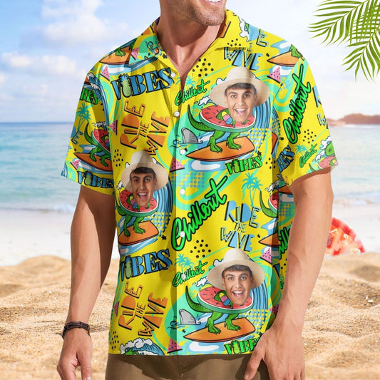 Personalized Photo Hawaiian Shirt – Cool Dinosaur Surfing Ride the Wave Summer Shirt