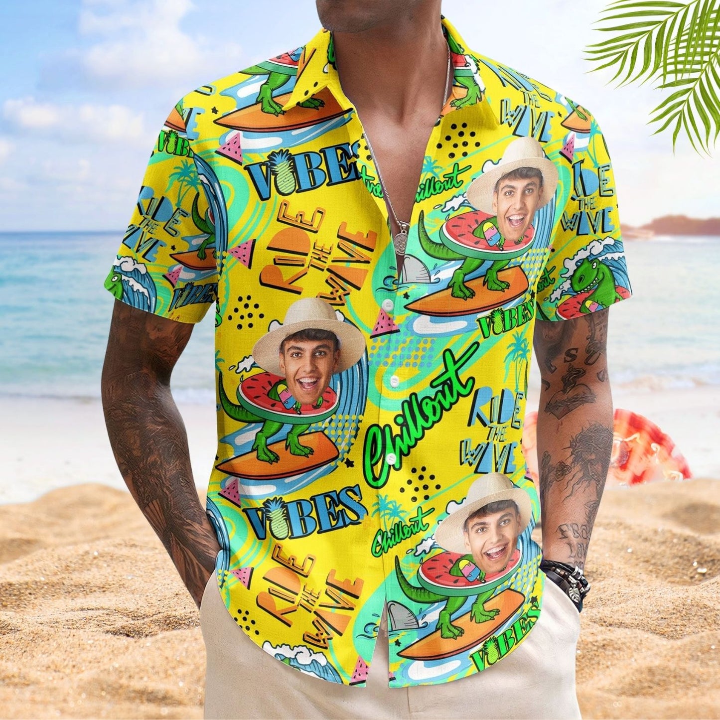 Personalized Photo Hawaiian Shirt – Cool Dinosaur Surfing Ride the Wave Summer Shirt