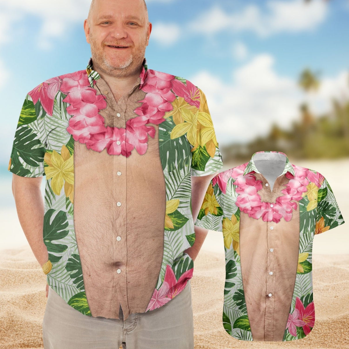Novelty Vacation Shirt - Funny Big Belly Aloha With Tropical Flowers Custom Hawaiian Shirt