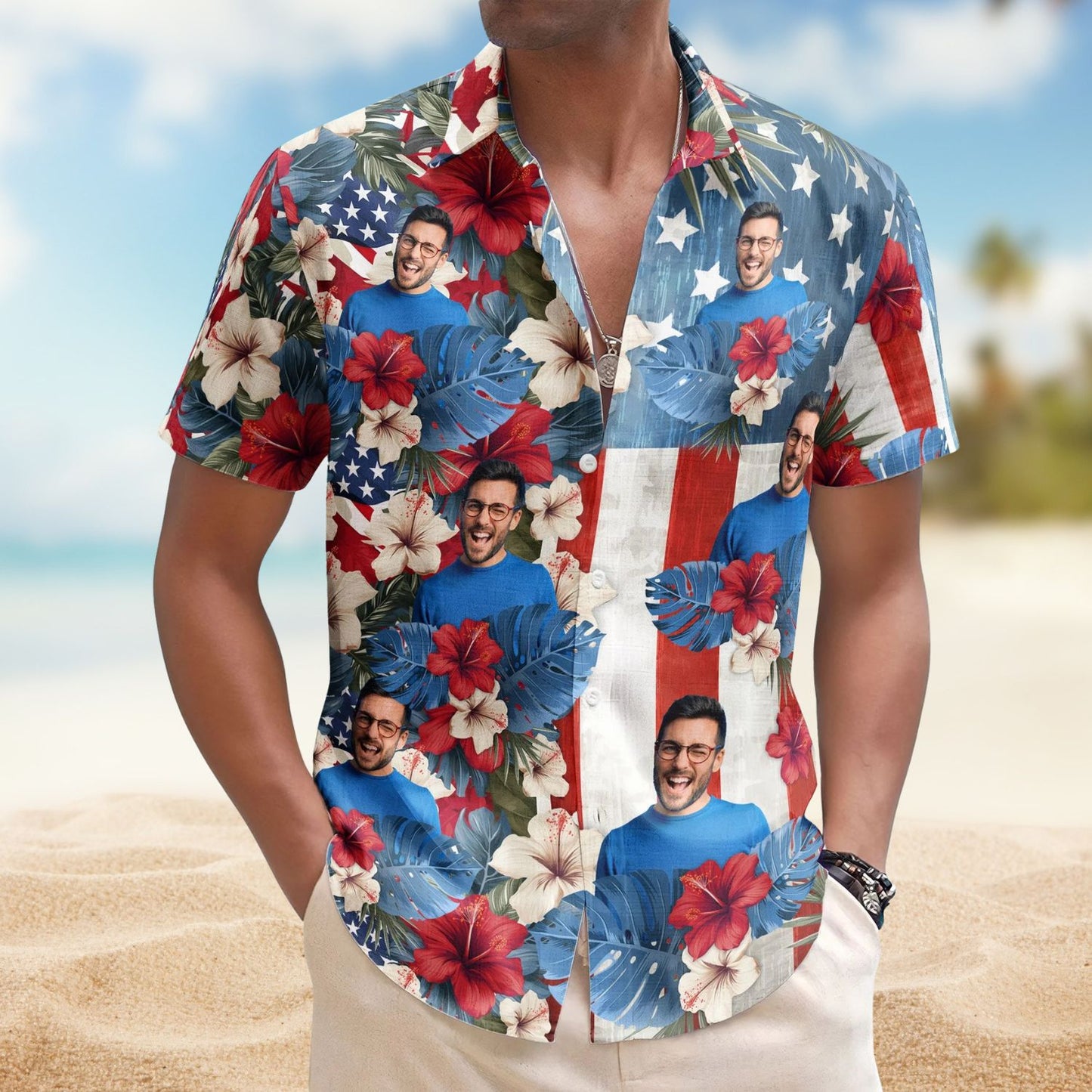 American Flag Tropical Vintage Aloha Independence Day – Custom Photo Hawaiian Shirts