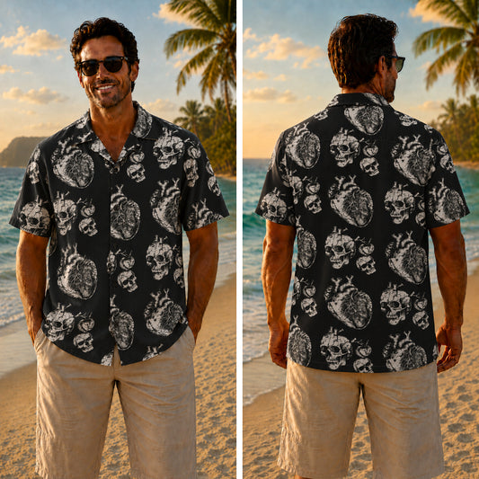 Halloween Hawaiian Shirt - Anatomical Heart Skull Print for Fall