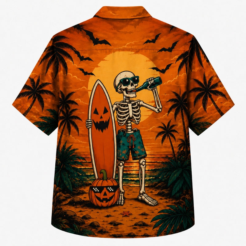 Halloween Hawaiian Shirt- Beach Skeleton Sunset Print for Fall