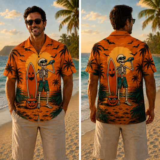 Halloween Hawaiian Shirt - Beach Skeleton Sunset Print for Fall