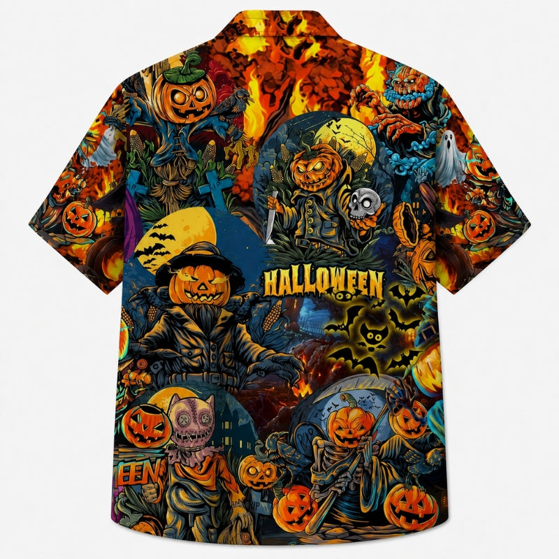 Halloween Hawaiian Shirt- Blazing Pumpkin Scarecrow Print for Fall