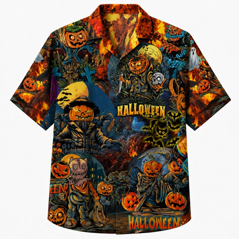 Halloween Hawaiian Shirt- Blazing Pumpkin Scarecrow Print for Fall