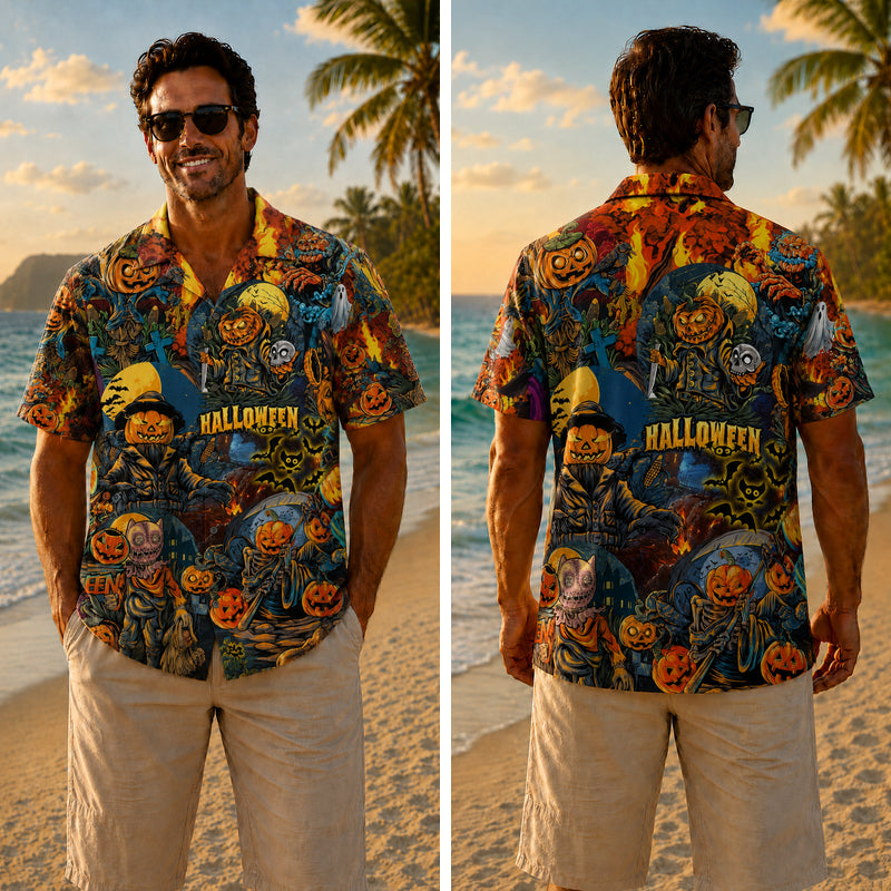 Halloween Hawaiian Shirt- Blazing Pumpkin Scarecrow Print for Fall