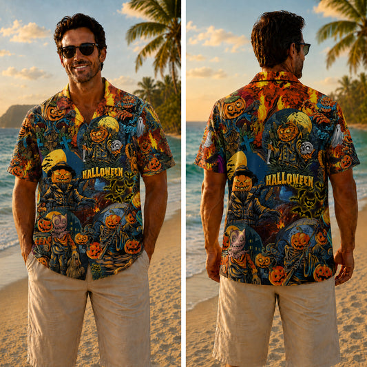 Halloween Hawaiian Shirt - Blazing Pumpkin Scarecrow Print for Fall