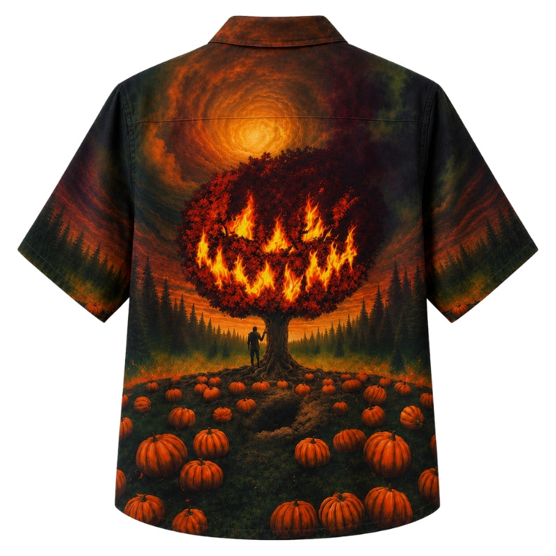 Halloween Hawaiian Shirt- Blazing Pumpkin Tree Print for Fall