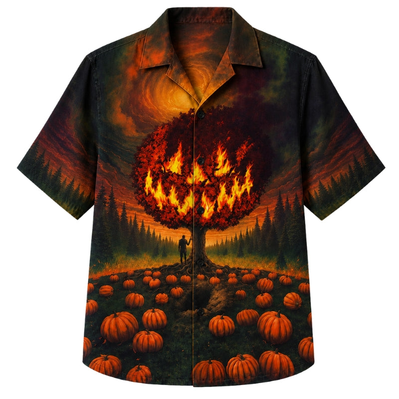 Halloween Hawaiian Shirt- Blazing Pumpkin Tree Print for Fall