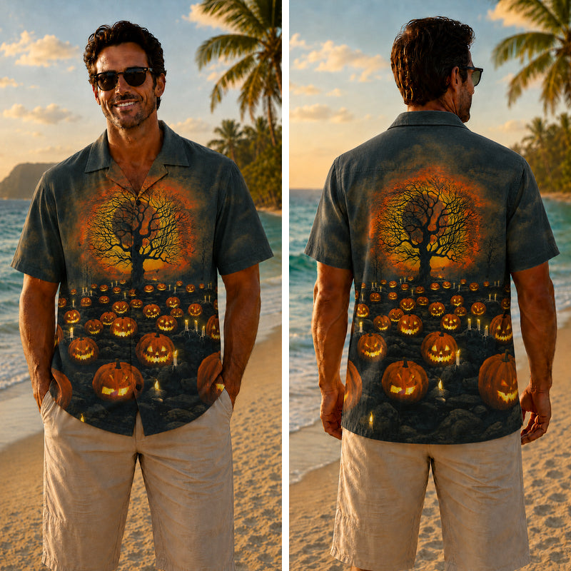 Halloween Hawaiian Shirt- Blazing Pumpkin Tree Print for Fall