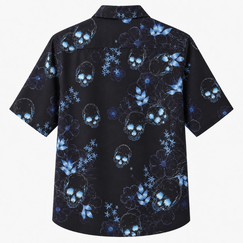 Halloween Hawaiian Shirt- Blue Glow Skull Floral Print for Fall