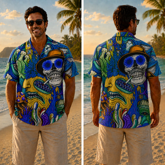 Halloween Hawaiian Shirt - Psychedelic Smoking Skull Print for Fall