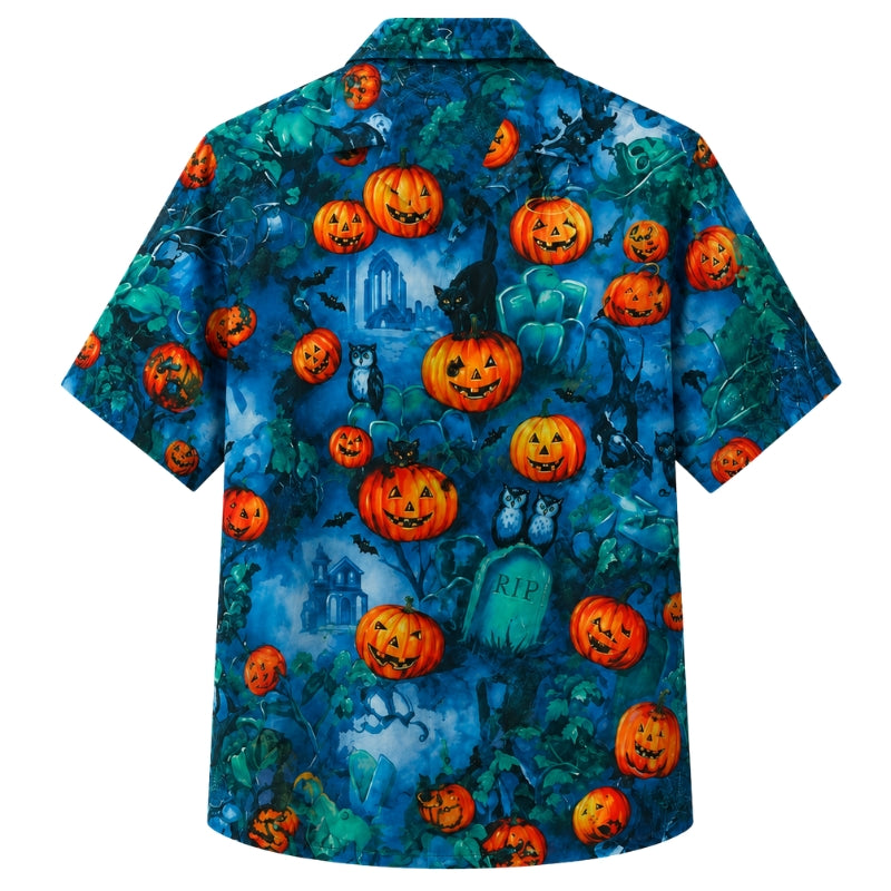 Halloween Hawaiian Shirt- Blue Haunted Graveyard Print for Fall
