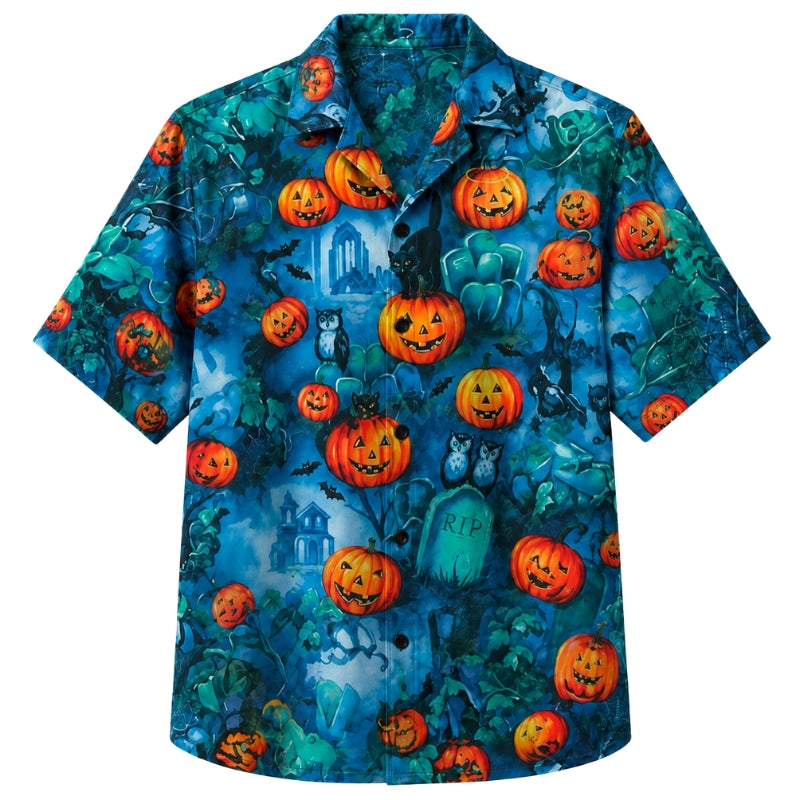 Halloween Hawaiian Shirt- Blue Haunted Graveyard Print for Fall