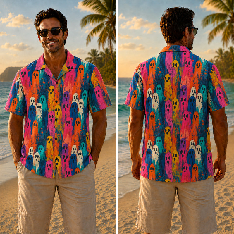 Halloween Hawaiian Shirt- Colorful Painted Ghost Print for Fall