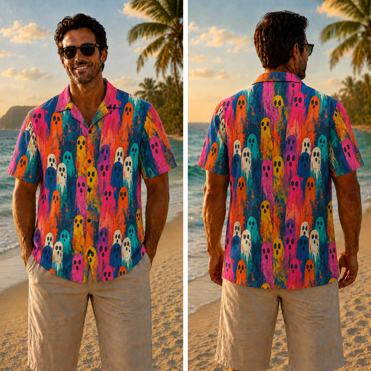 Halloween Hawaiian Shirt - Colorful Painted Ghost Print for Fall