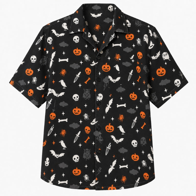 Halloween Hawaiian Shirt- Doodle Halloween Icon Print for Fall