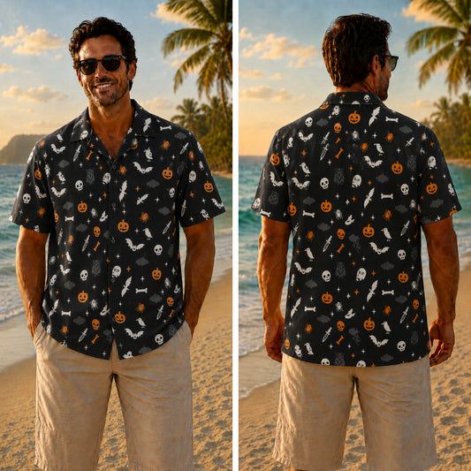 Halloween Hawaiian Shirt - Doodle Halloween Icon Print for Fall