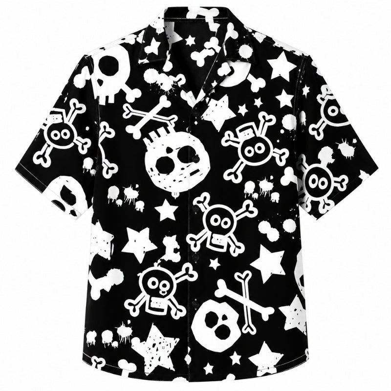 Halloween Hawaiian Shirt- Doodle Skull and Bones Print for Fall