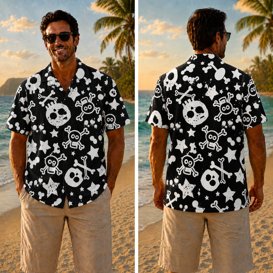 Halloween Hawaiian Shirt - Doodle Skull and Bones Print for Fall