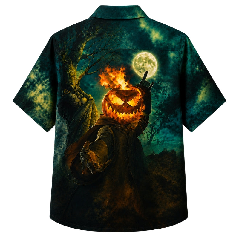 Halloween Hawaiian Shirt- Flaming Pumpkin Scarecrow Print for Fall