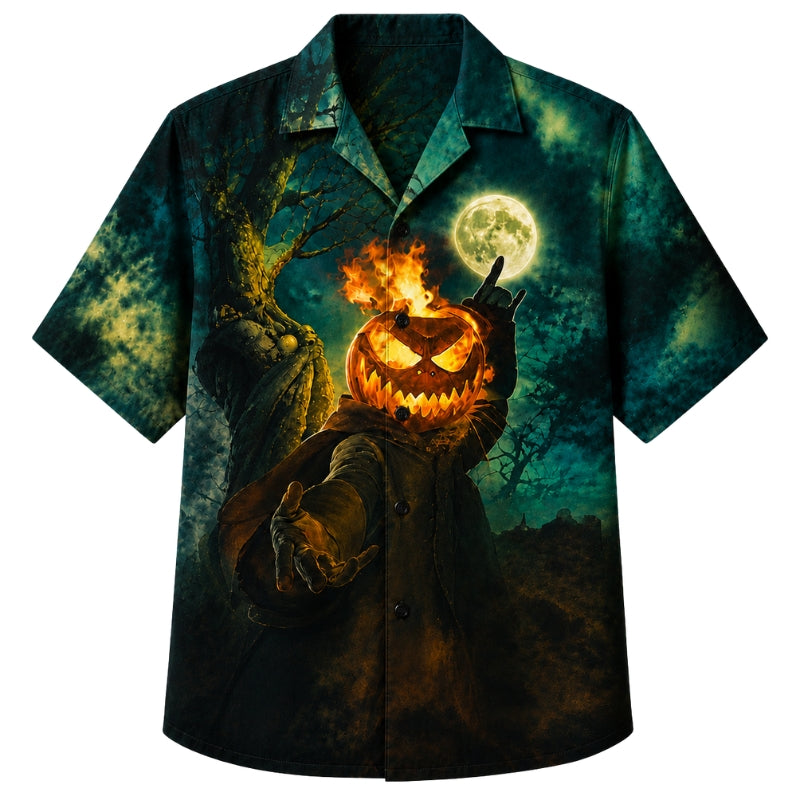 Halloween Hawaiian Shirt- Flaming Pumpkin Scarecrow Print for Fall