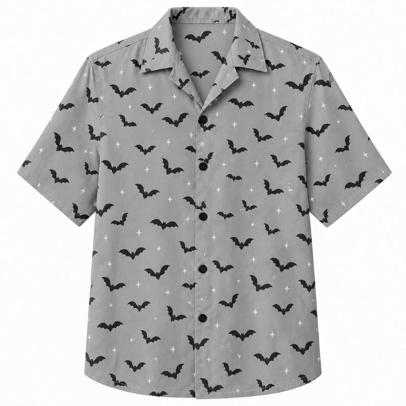 Halloween Hawaiian Shirt- Flying Bats Grey Print Fall Design