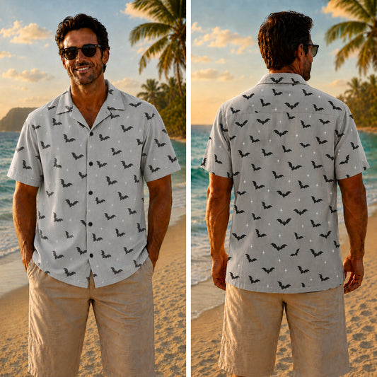 Halloween Hawaiian Shirt - Flying Bats Grey Print Fall Design