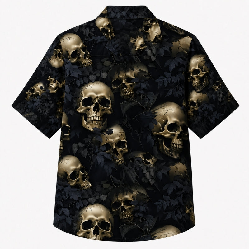 Halloween Hawaiian Shirt- Golden Skull Shadow Leaf Print for Fall