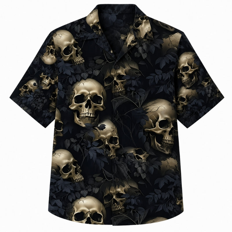 Halloween Hawaiian Shirt- Golden Skull Shadow Leaf Print for Fall
