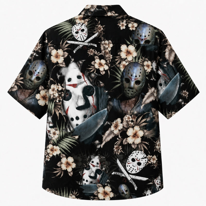 Halloween Hawaiian Shirt- Hockey Mask Floral Print for Autumn