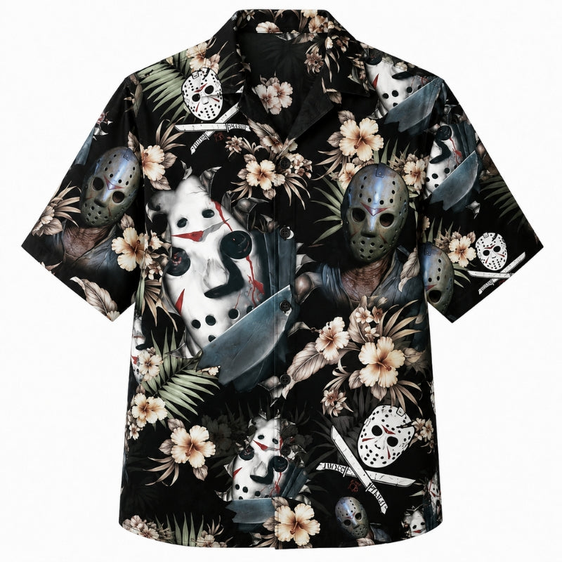 Halloween Hawaiian Shirt- Hockey Mask Floral Print for Autumn