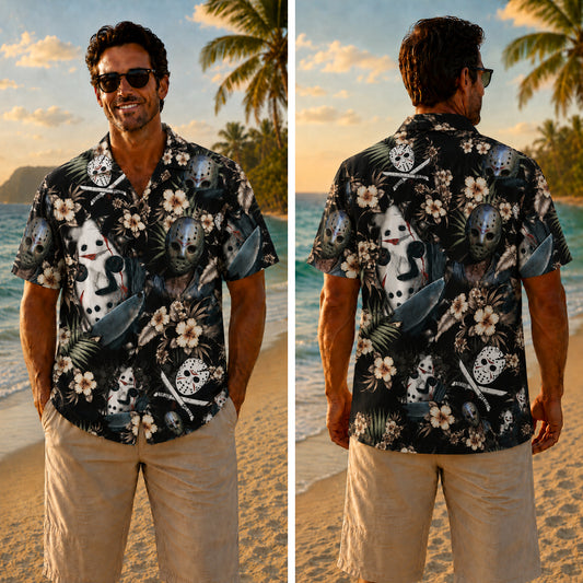 Halloween Hawaiian Shirt - Hockey Mask Floral Print for Autumn