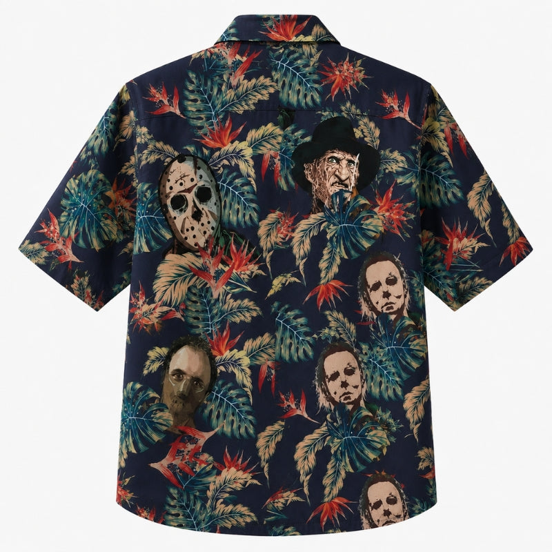 Halloween Hawaiian Shirt- Horror Faces Palm Leaf Print for Fall