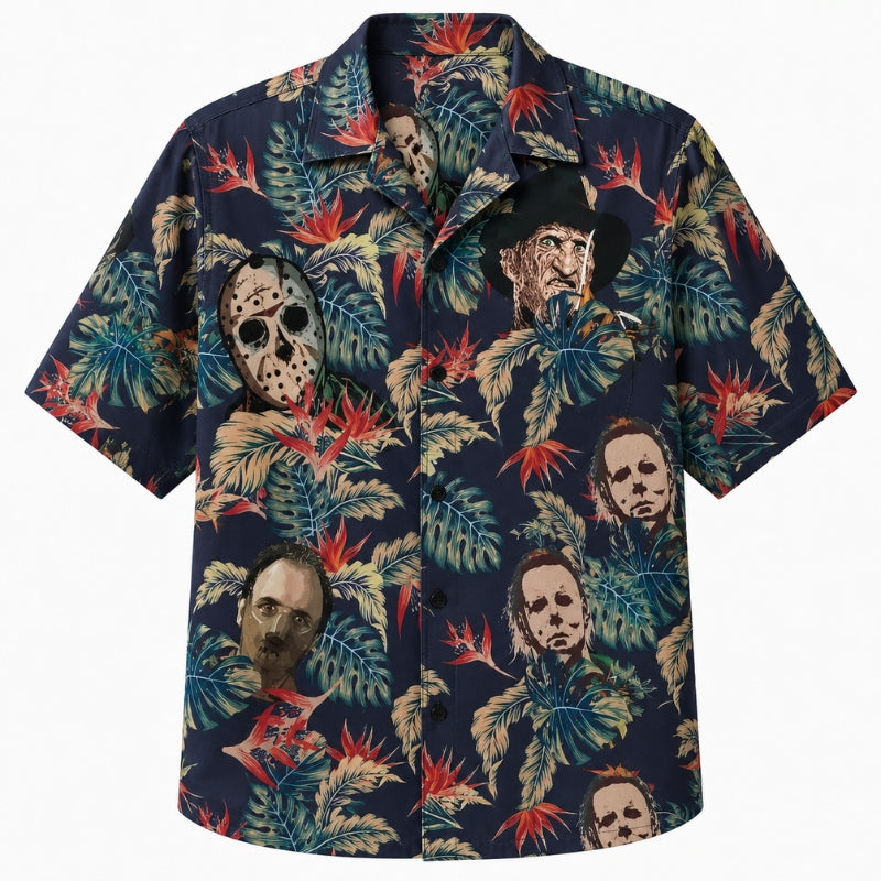 Halloween Hawaiian Shirt- Horror Faces Palm Leaf Print for Fall