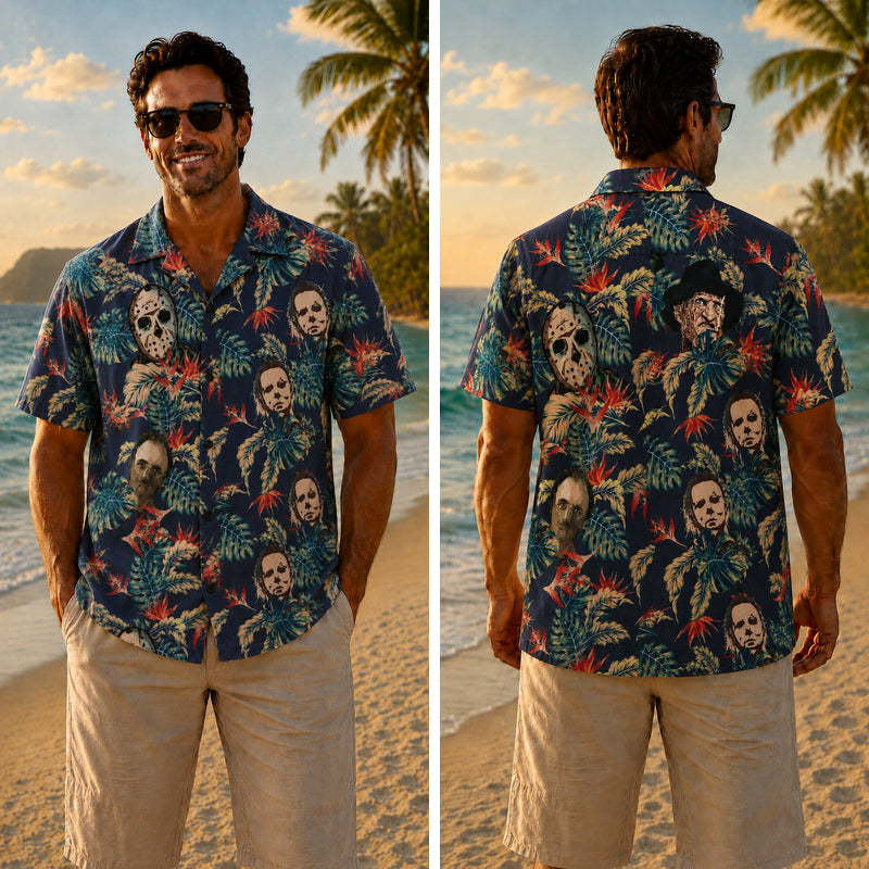 Halloween Hawaiian Shirt- Horror Faces Palm Leaf Print for Fall