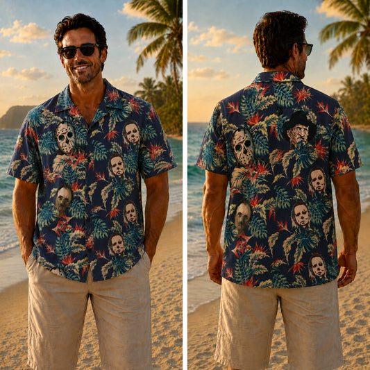 Halloween Hawaiian Shirt - Horror Faces Palm Leaf Print for Fall