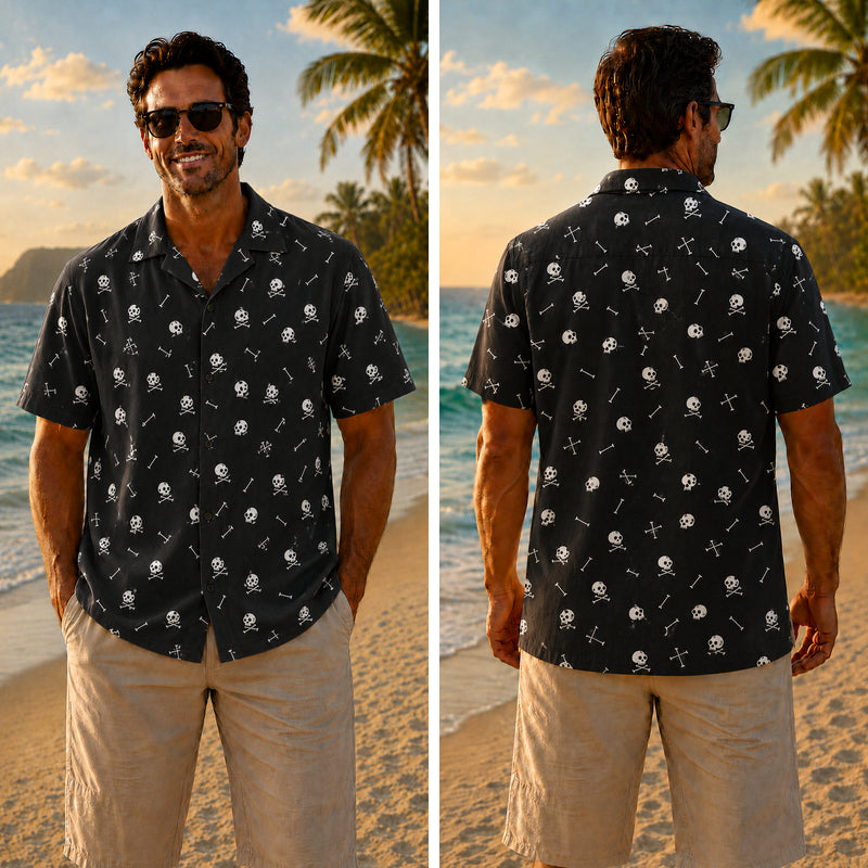 Halloween Hawaiian Shirt- Mini Skull Crossbones Print for Fall