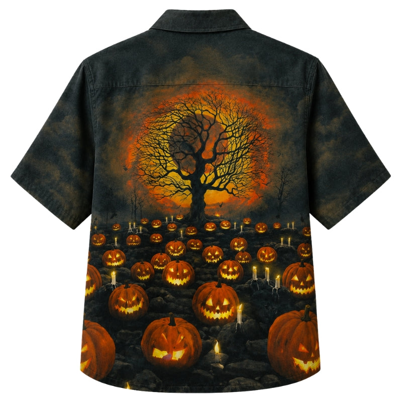 Halloween Hawaiian Shirt- Moonlit Pumpkin Field Print for Fall