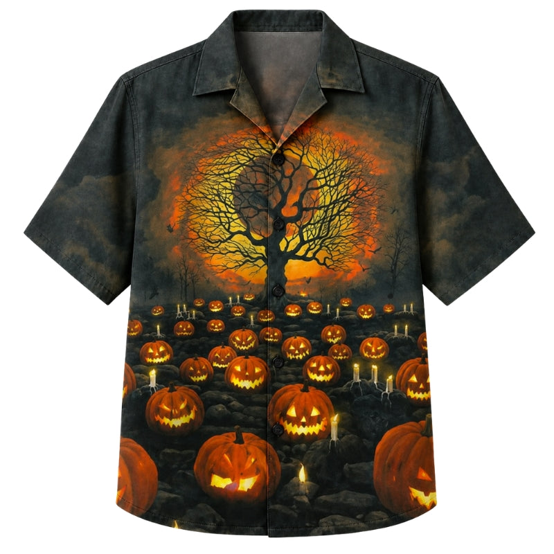 Halloween Hawaiian Shirt- Moonlit Pumpkin Field Print for Fall