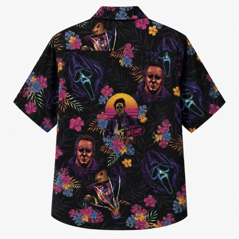 Halloween Hawaiian Shirt- Neon Horror Icons Floral Print for Fall