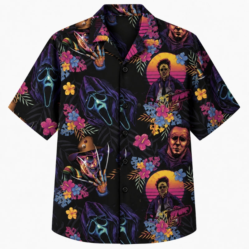 Halloween Hawaiian Shirt- Neon Horror Icons Floral Print for Fall