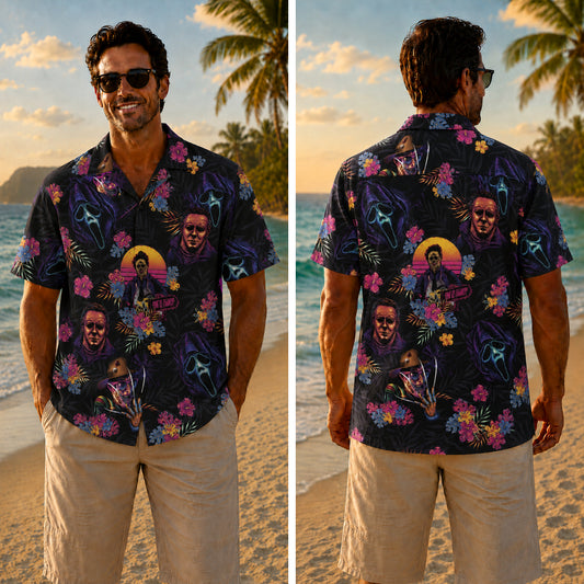 Halloween Hawaiian Shirt - Neon Horror Icons Floral Print for Fall