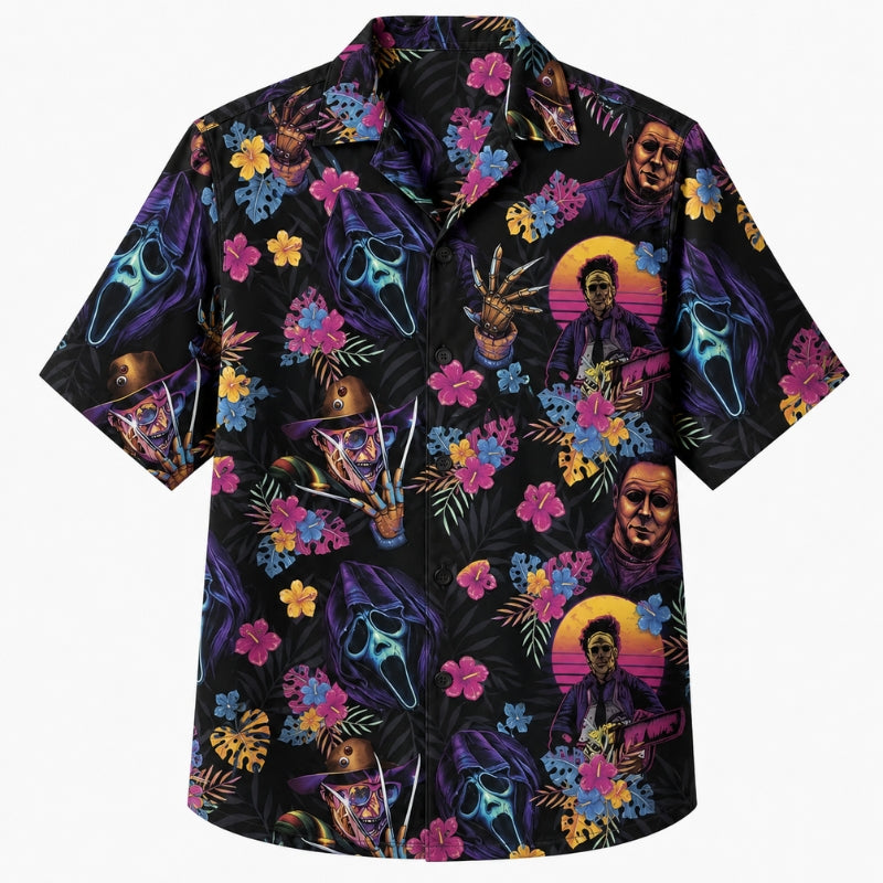 Halloween Hawaiian Shirt- Neon Horror Sunset Print for Autumn