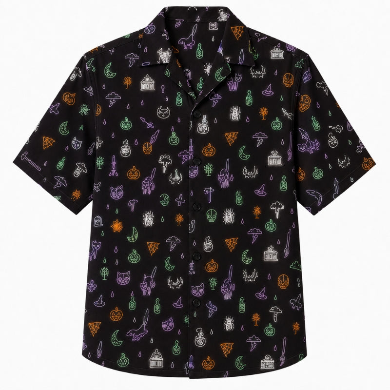 Halloween Hawaiian Shirt- Neon Outline Icon Print for Autumn