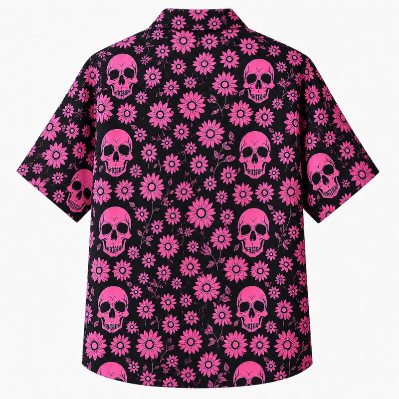 Halloween Hawaiian Shirt- Pink Daisy Skull Print Fall Design