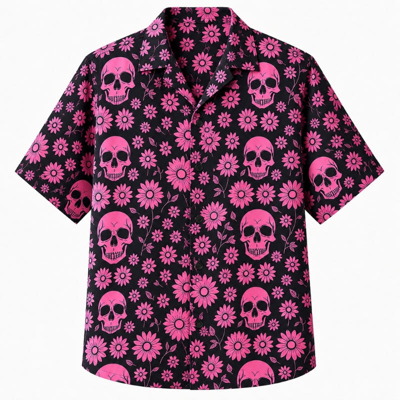 Halloween Hawaiian Shirt- Pink Daisy Skull Print Fall Design