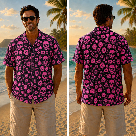 Halloween Hawaiian Shirt - Pink Daisy Skull Print Fall Design